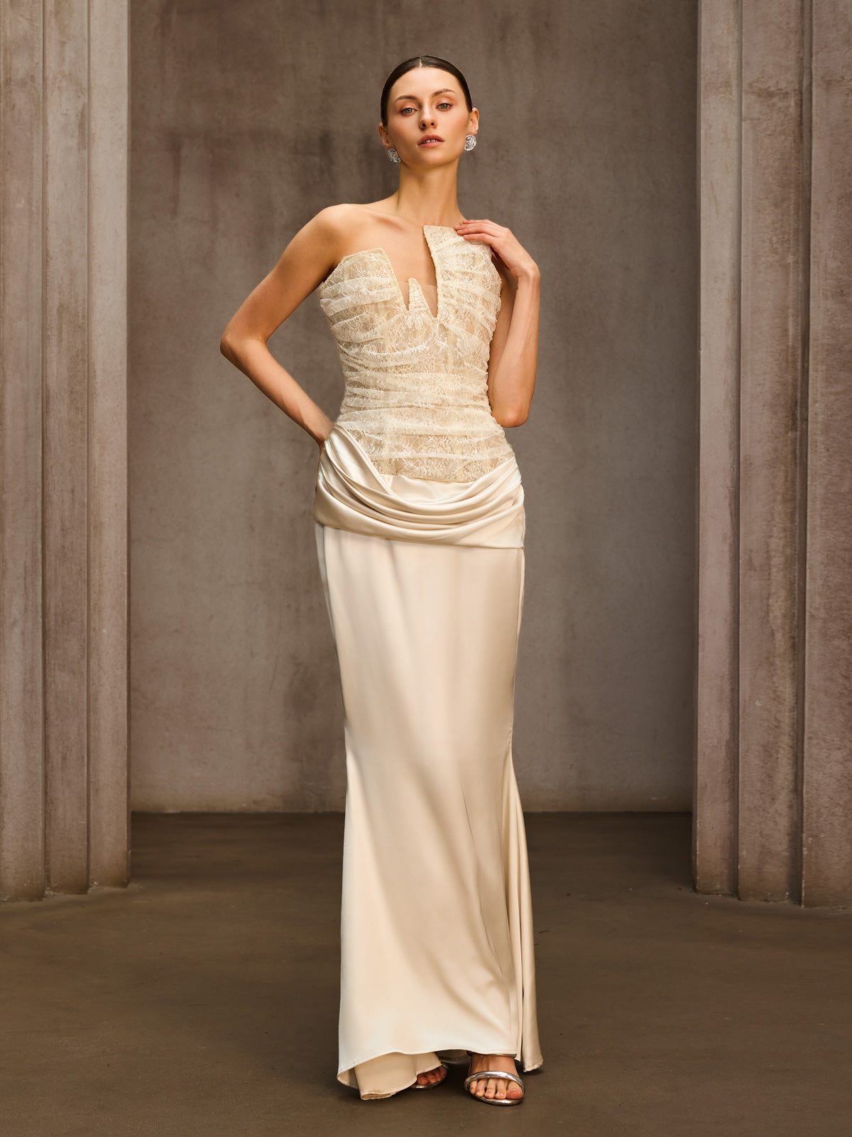 Nyrionyx Strapless Lace Draped Maxi Dress