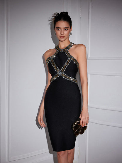 Rosstef Ochre Halterneck Rhinestone Bandage Midi Dress