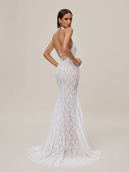 Oorjita Halterneck Lace Maxi Dress