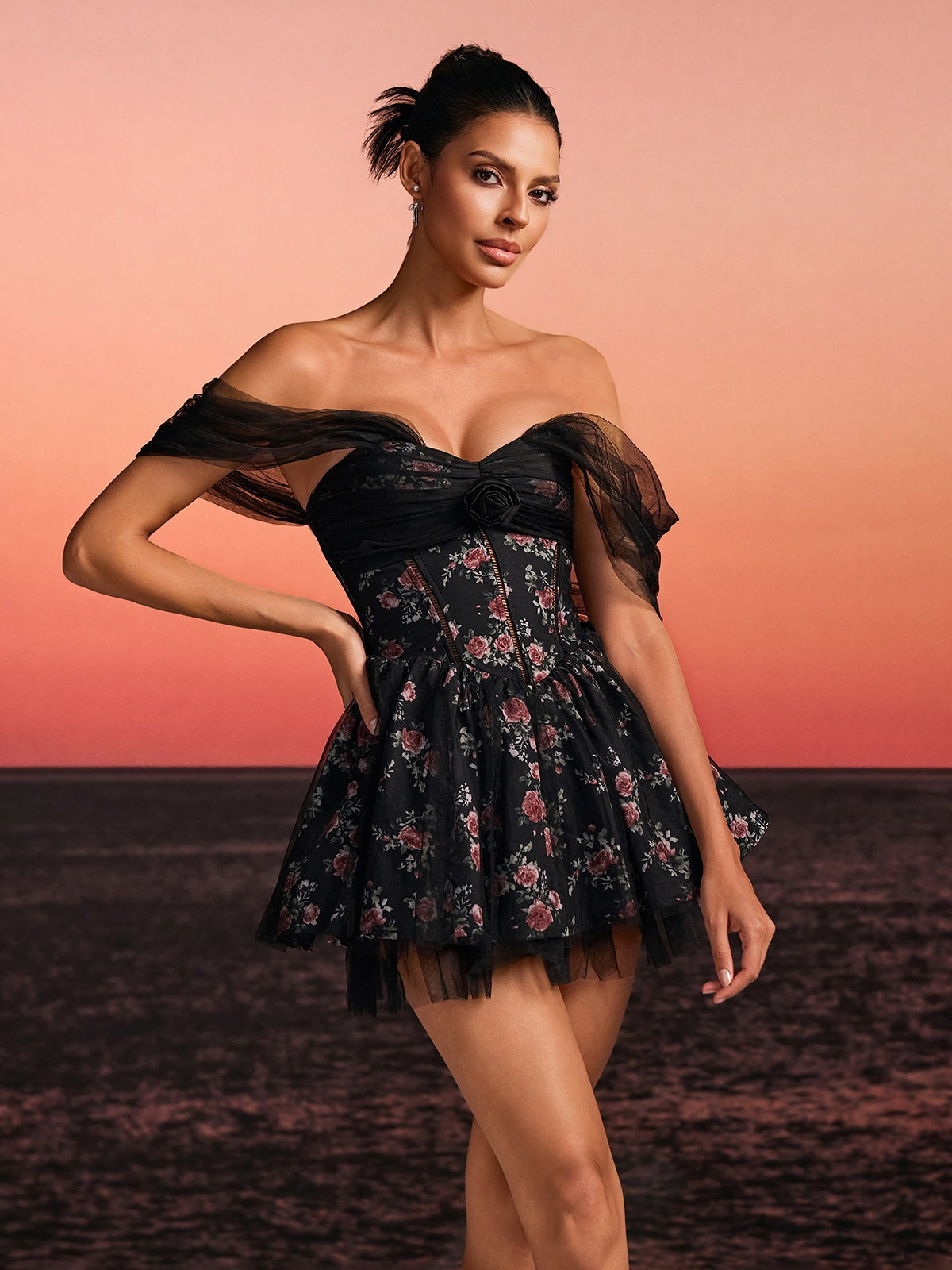 Rosstef Mini Tunikli Floralı Tüll Gown