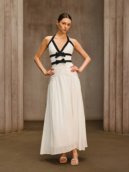 Ovelixor V Neck Bow Ruched Maxi Dress