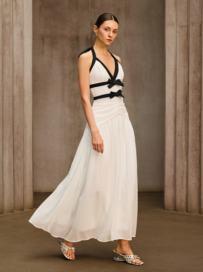 Ovelixor V Neck Bow Ruched Maxi Dress