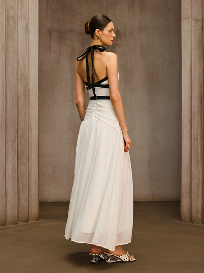 Ovelixor V Neck Bow Ruched Maxi Dress