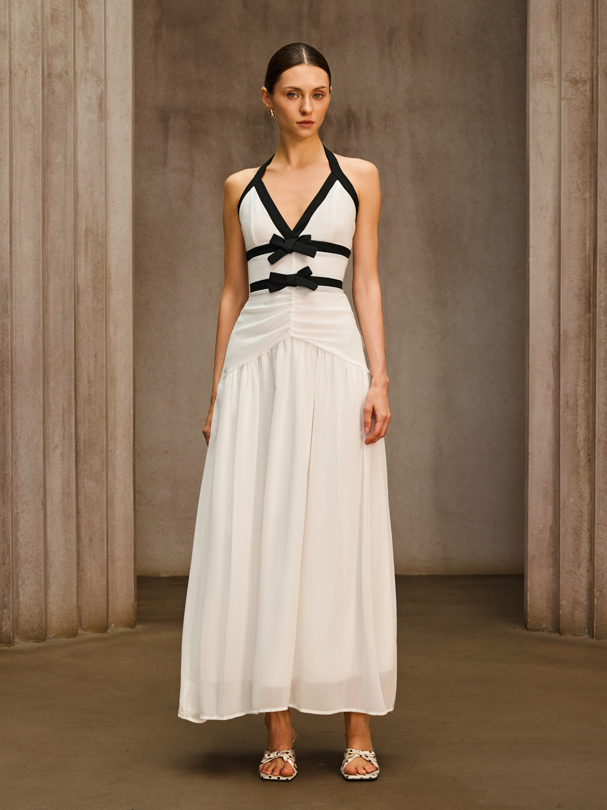 Ovelixor V Neck Bow Ruched Maxi Dress