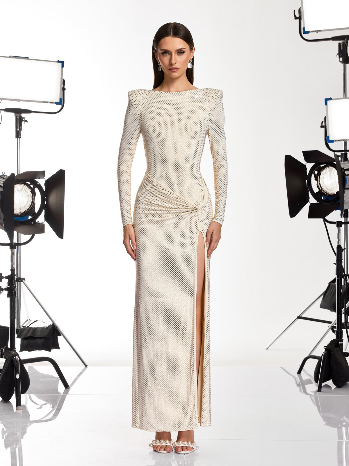 Oxavory Twisted Rhinestone Split Maxi Dress In Ivory
