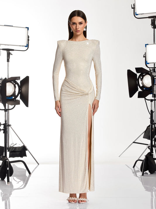 Rosstef Twisted Rhinestone Split Maxi Dress