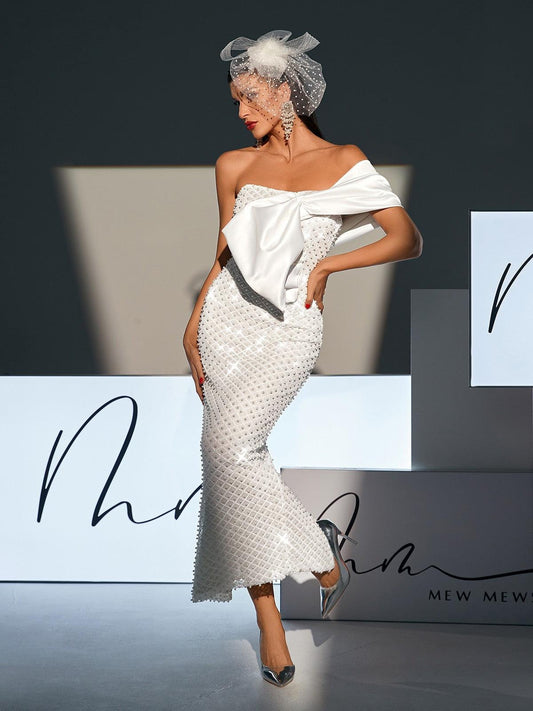 Rosstef Pearl Embellished Strapless Maxi Dress