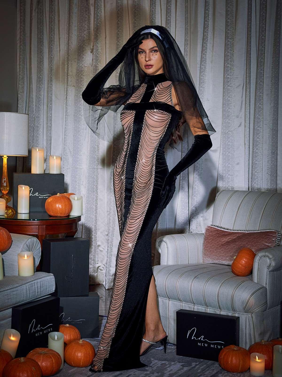 Pablo High Neck Chain Fringe Maxi Dress With Gloves In Black