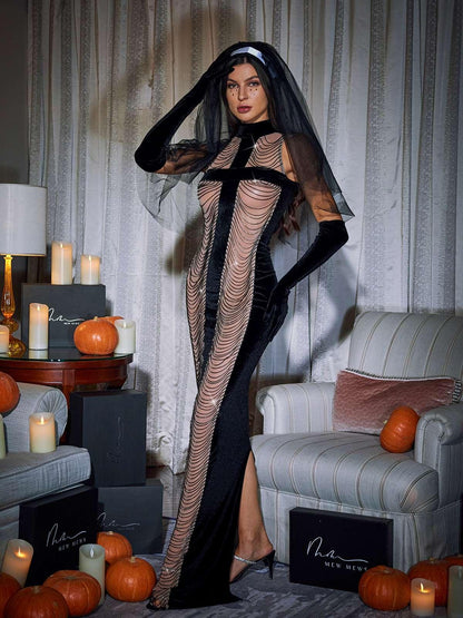 Pablo High Neck Chain Fringe Maxi Dress With Gloves In Black