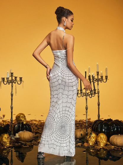 Pagan Halterneck Sequin Cobweb Maxi Dress