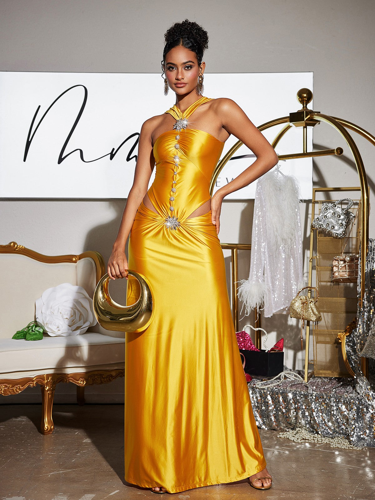 Rosstef Crystal Cutout Saten Maxi Giyin