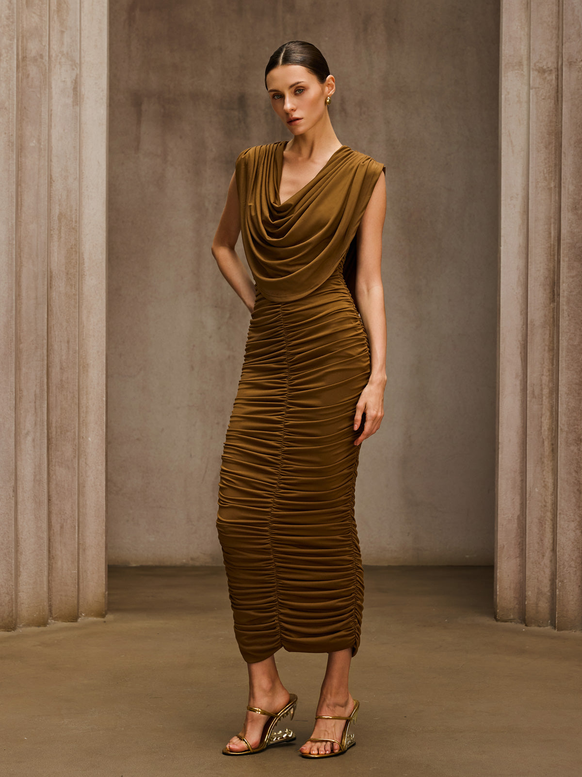 Pavryn Cowl Neck Ruched Maxi Dress