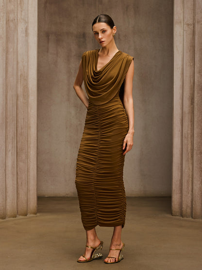 Pavryn Cowl Neck Ruched Maxi Dress