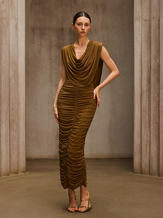 Rosstef Cowl Neck Ruched Maxi Dress