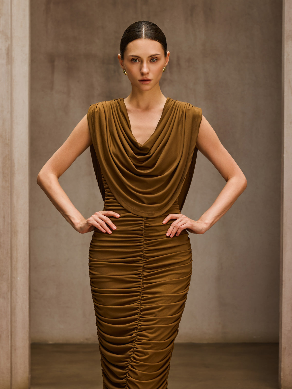 Pavryn Cowl Neck Ruched Maxi Dress