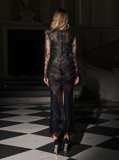 Pexmir Rhinestone Cobweb Split Maxi Dress