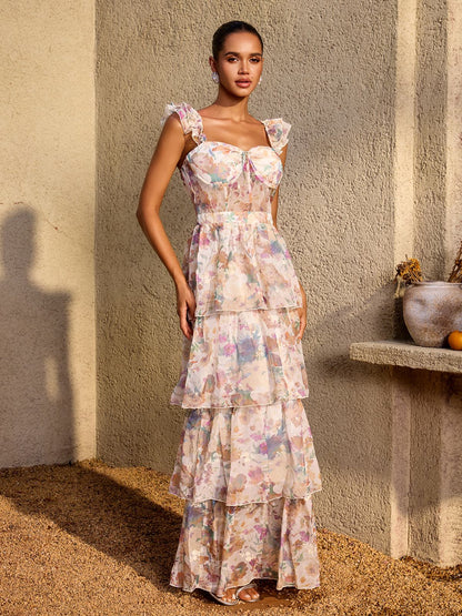 Phaevric Sleeveless Printed Tiered Maxi Dress