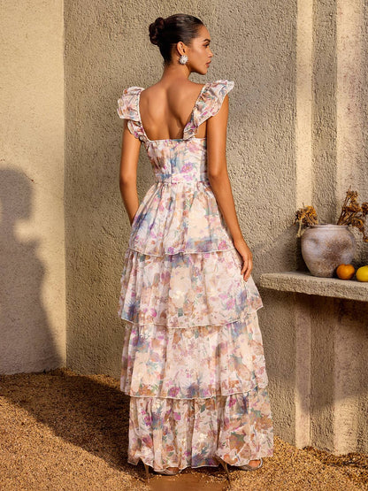 Phaevric Sleeveless Printed Tiered Maxi Dress