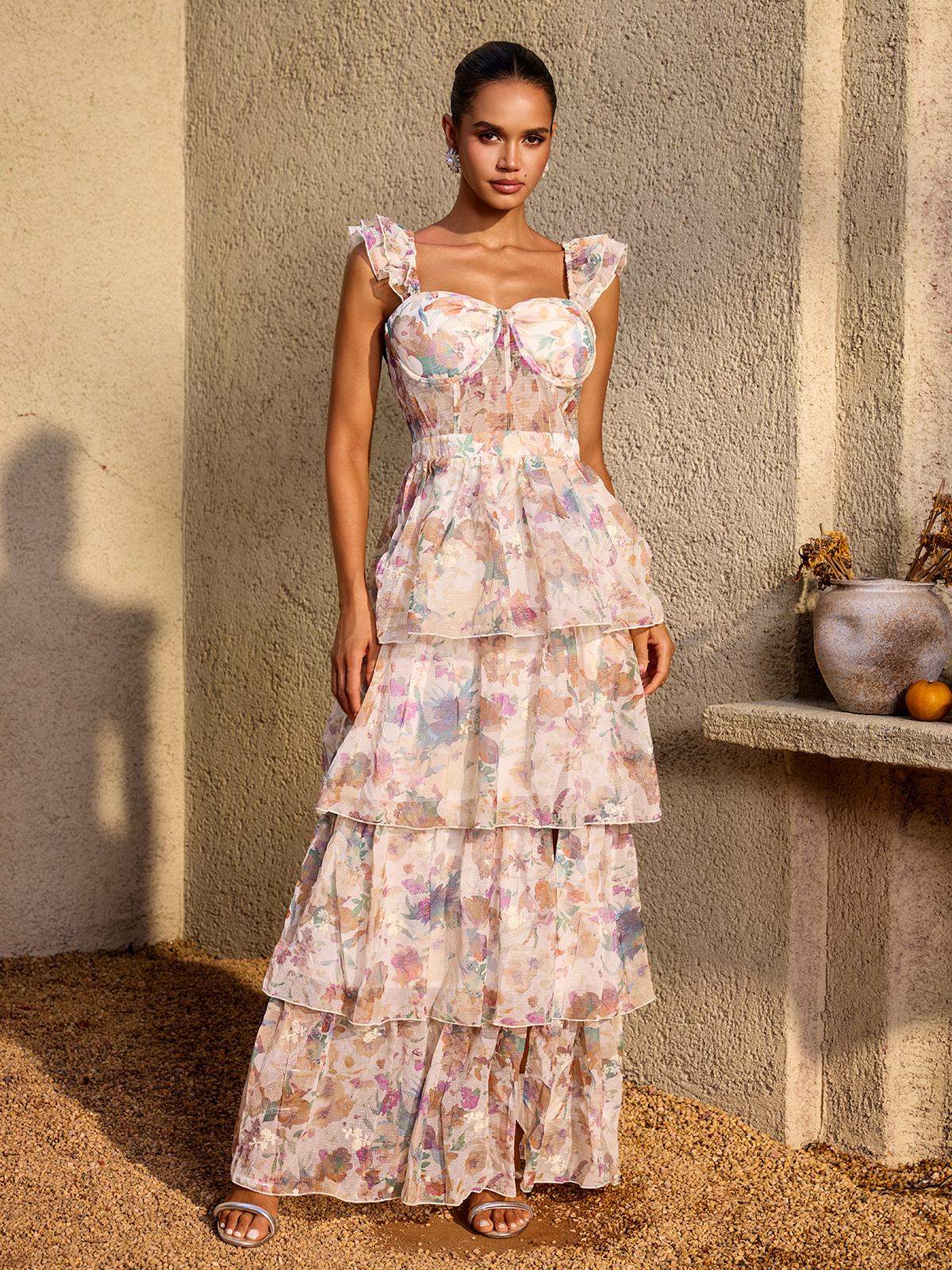 Phaevric Sleeveless Printed Tiered Maxi Dress