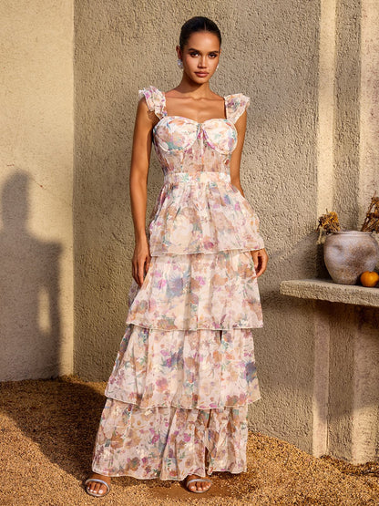 Phaevric Sleeveless Printed Tiered Maxi Dress