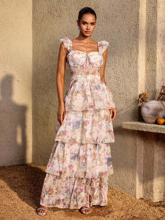 Phaevric Sleeveless Printed Tiered Maxi Dress