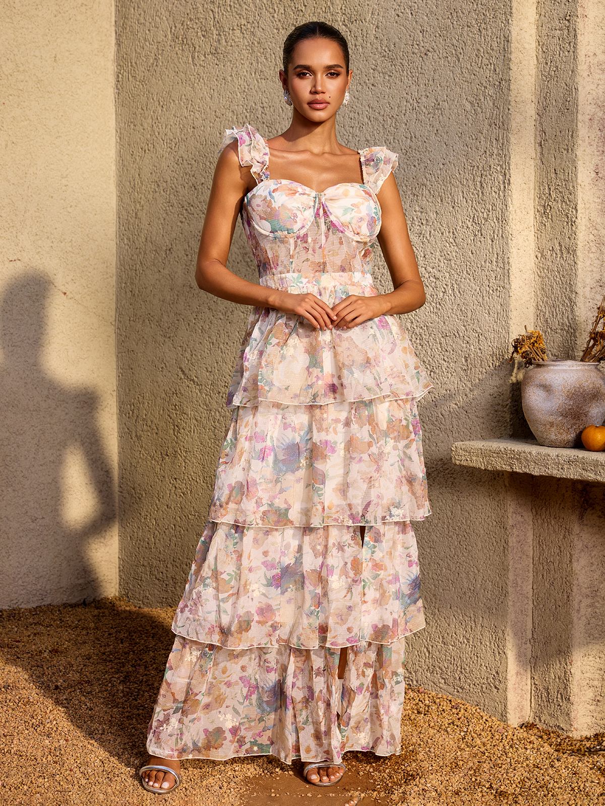Phaevric Sleeveless Printed Tiered Maxi Dress