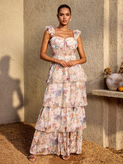 Phaevric Sleeveless Printed Tiered Maxi Dress
