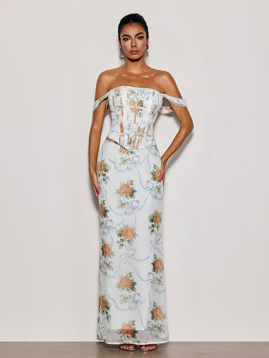 Pheron Off Shoulder Floral Maxi Dress