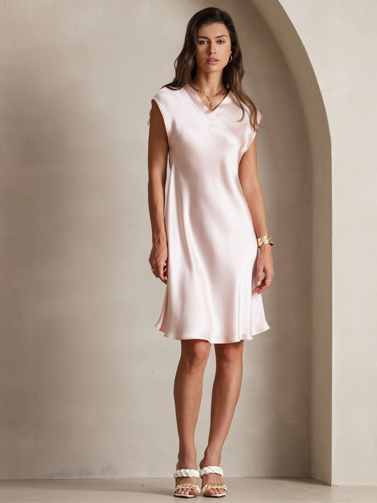 Rosstef 100% Mulberry Silk Cap Sleeve V Neck Dresses