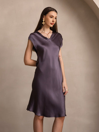 Rosstef 100% Mulberry Silk Cap Sleeve V Neck Dresses