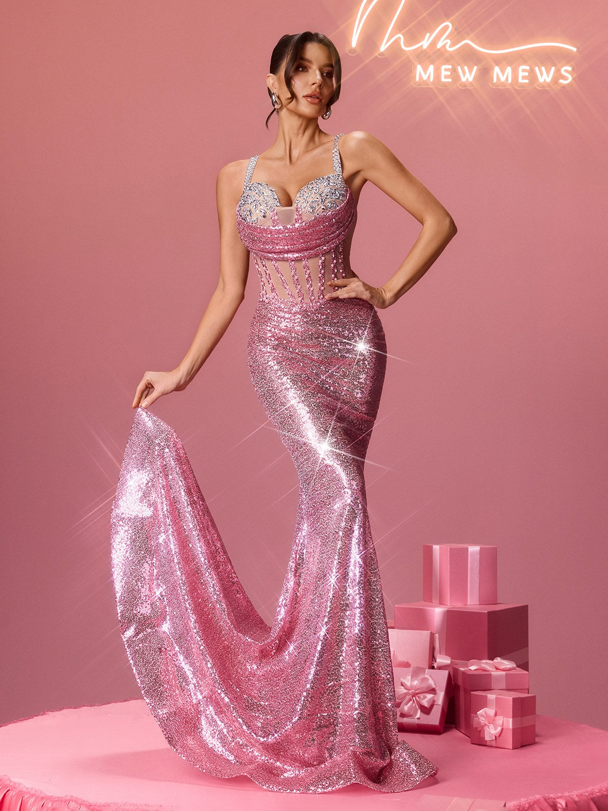 Qavrix Sequin Pearl Mermaid Maxi Dress