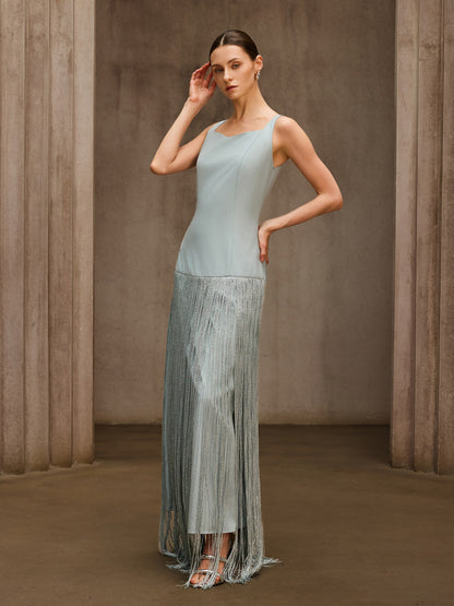 Qoralyth Sleeveless Fringe Maxi Dress