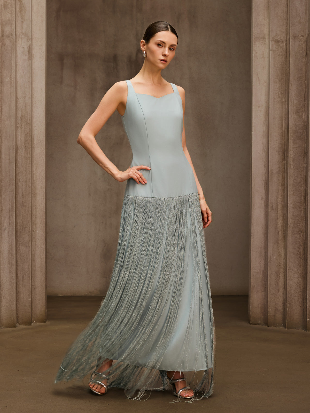 Qoralyth Sleeveless Fringe Maxi Dress
