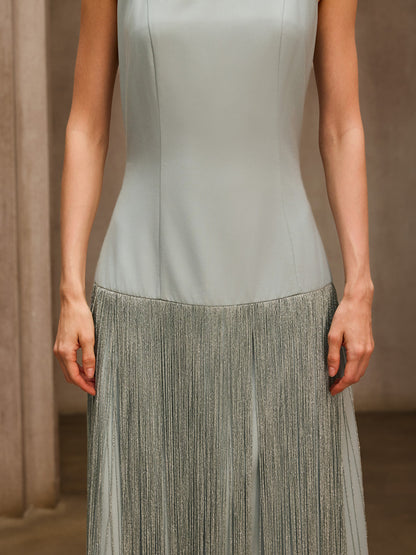Qoralyth Sleeveless Fringe Maxi Dress