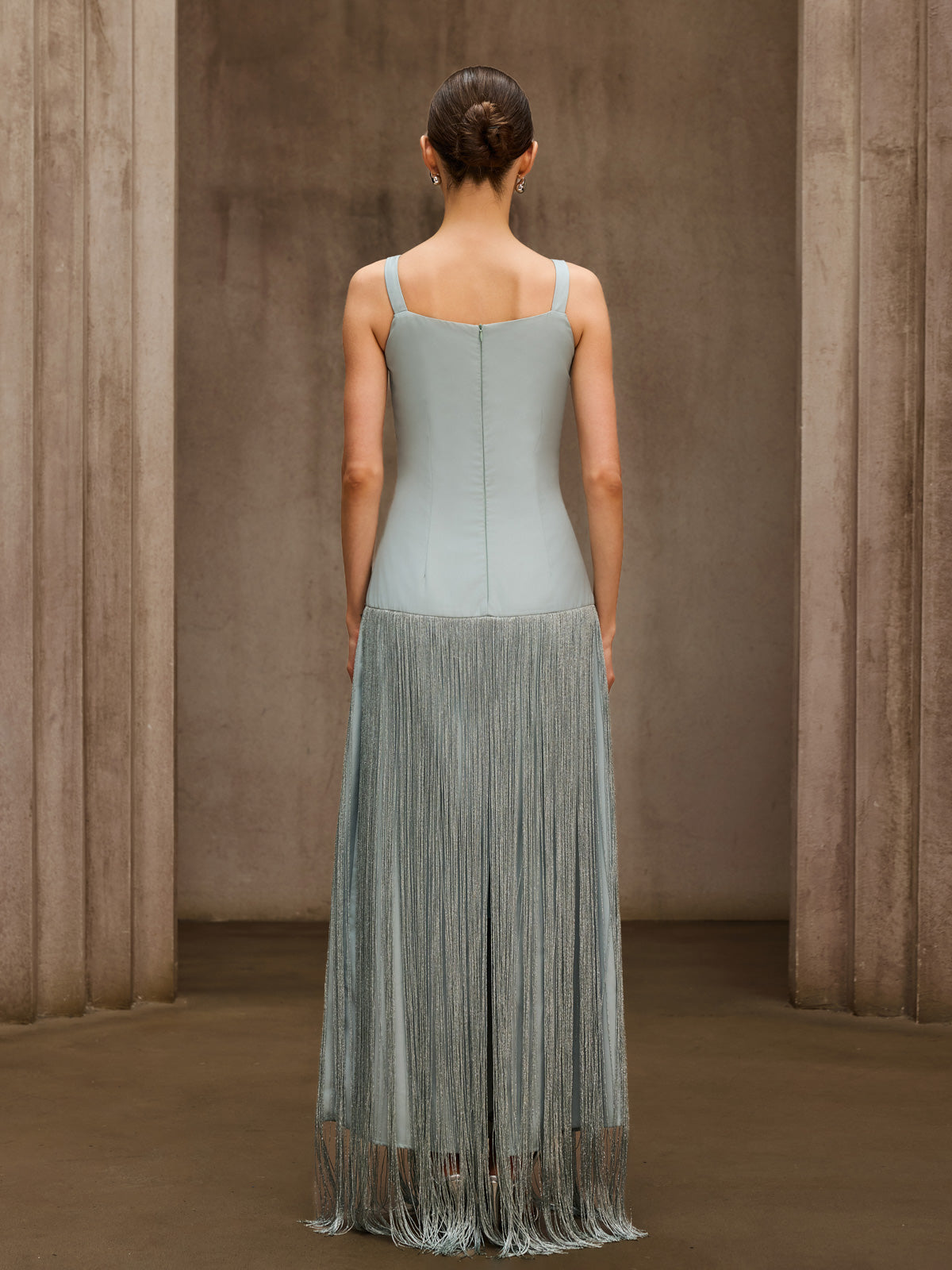Qoralyth Sleeveless Fringe Maxi Dress