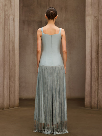 Qoralyth Sleeveless Fringe Maxi Dress