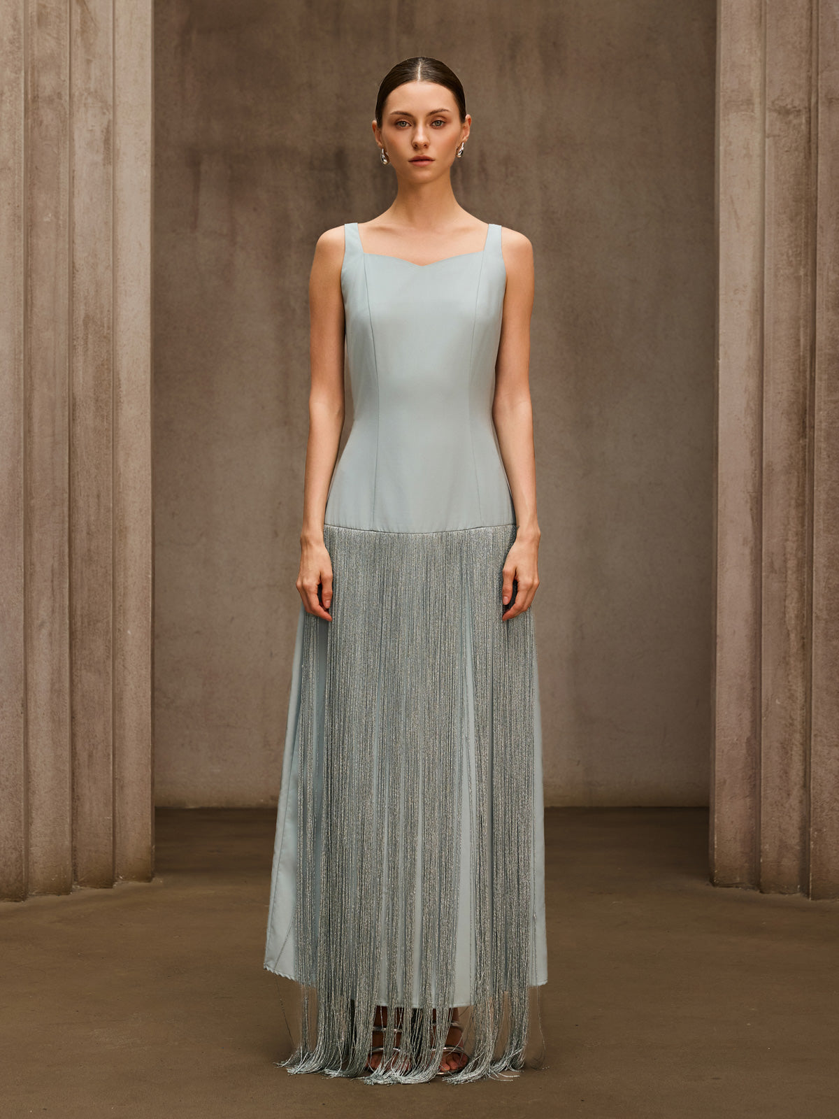 Qoralyth Sleeveless Fringe Maxi Dress