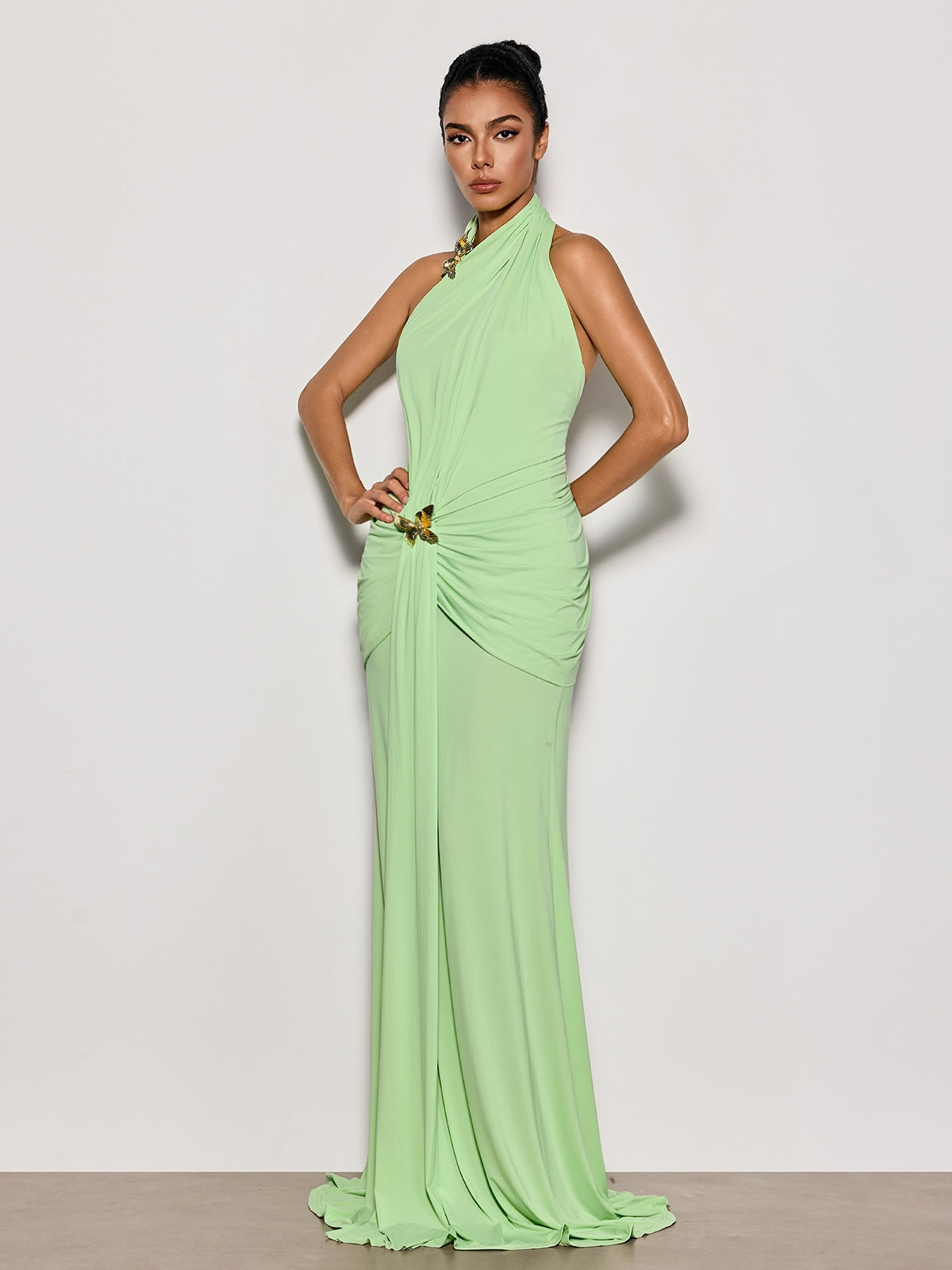 Qoryxa Backless Draped Butterfly Maxi Dress