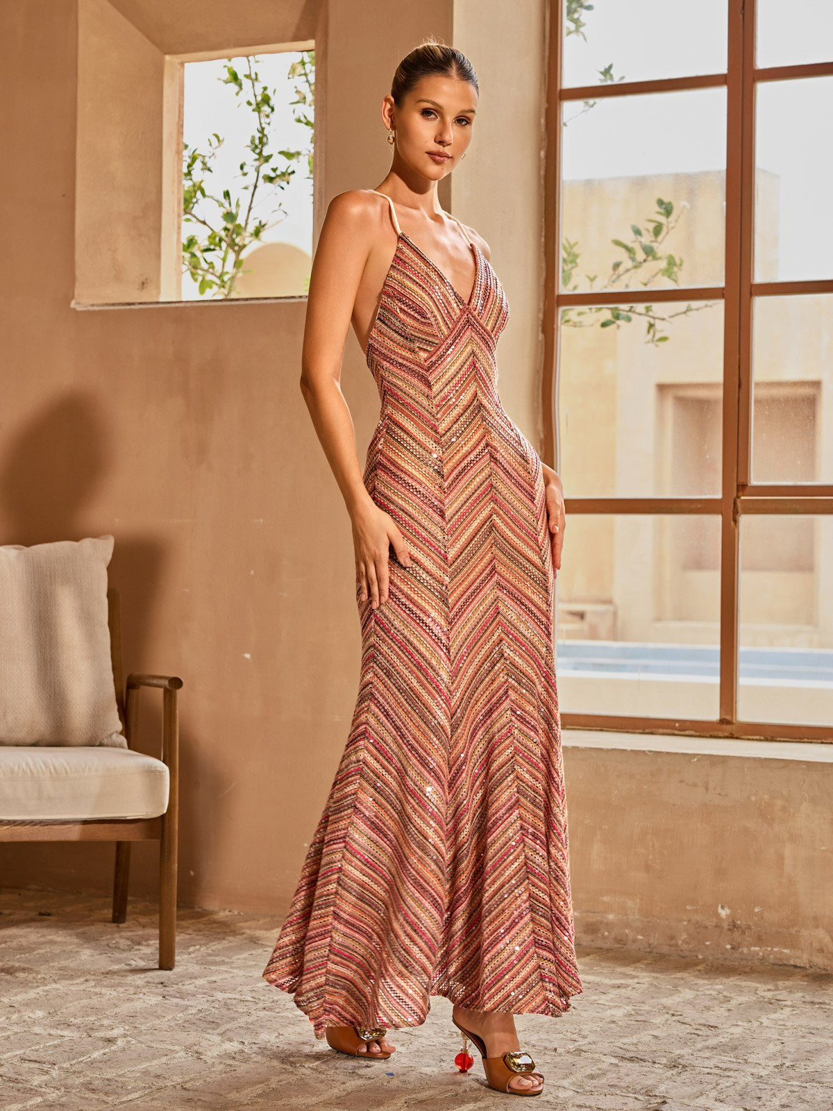 Quorel Spaghetti Stripe Sequin Maxi Dress