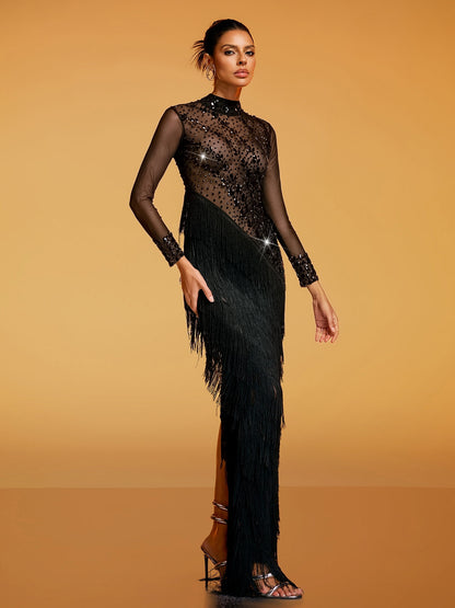 Quorin Crystal Fringe Mesh Maxi Dress