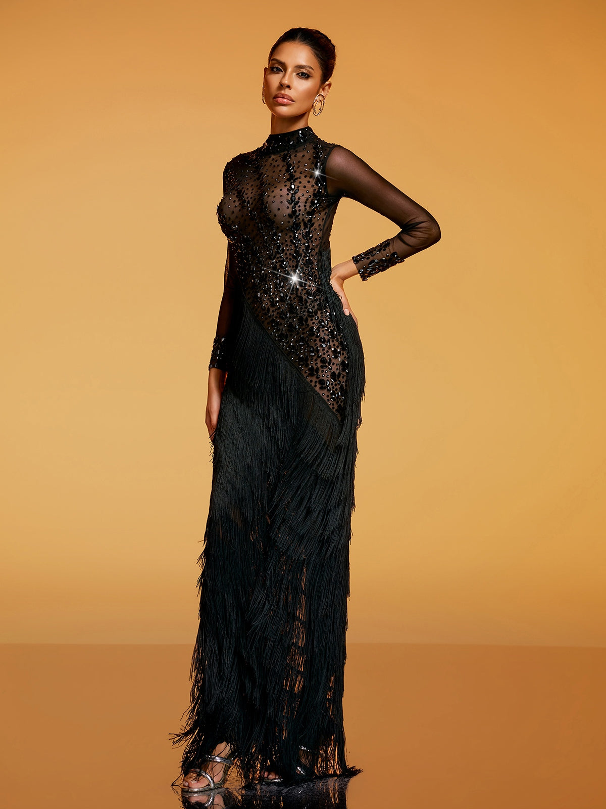 Quorin Crystal Fringe Mesh Maxi Dress