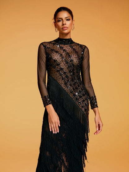 Quorin Crystal Fringe Mesh Maxi Dress