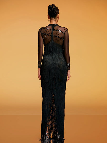 Quorin Crystal Fringe Mesh Maxi Dress