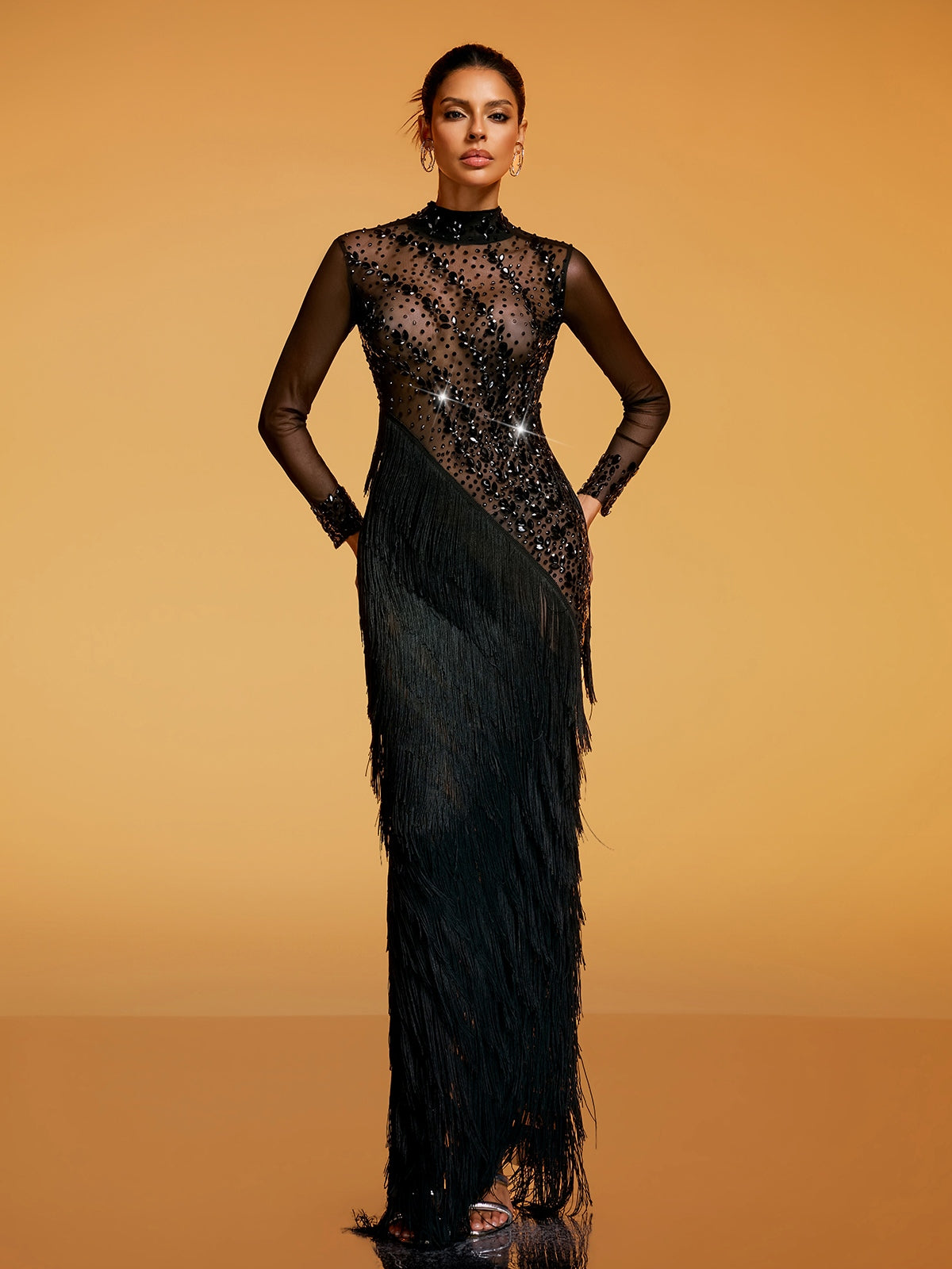 Quorin Crystal Fringe Mesh Maxi Dress