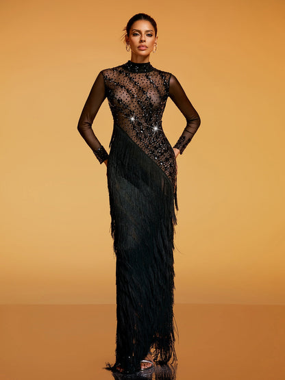 Quorin Crystal Fringe Mesh Maxi Dress
