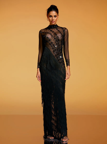 Quorin Crystal Fringe Mesh Maxi Dress