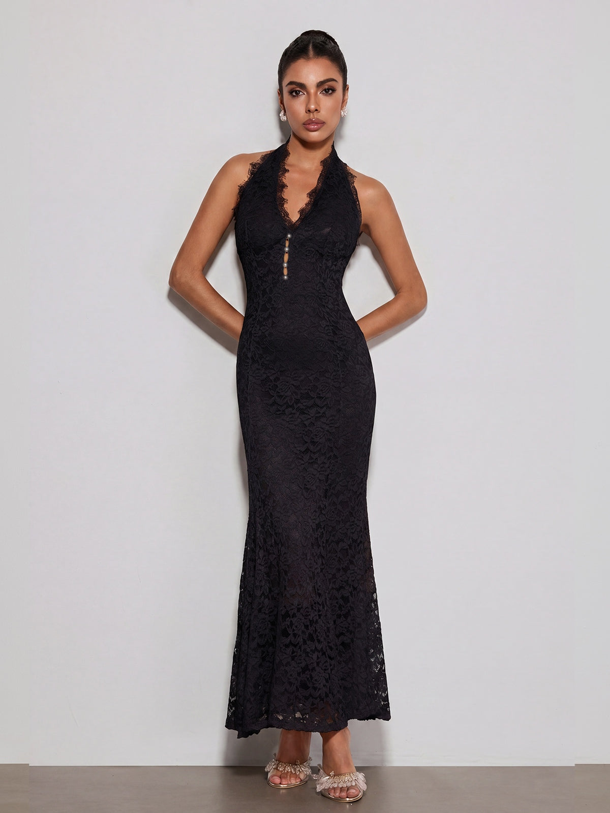 Quorveth  Halterneck Lace Maxi Dress In Black
