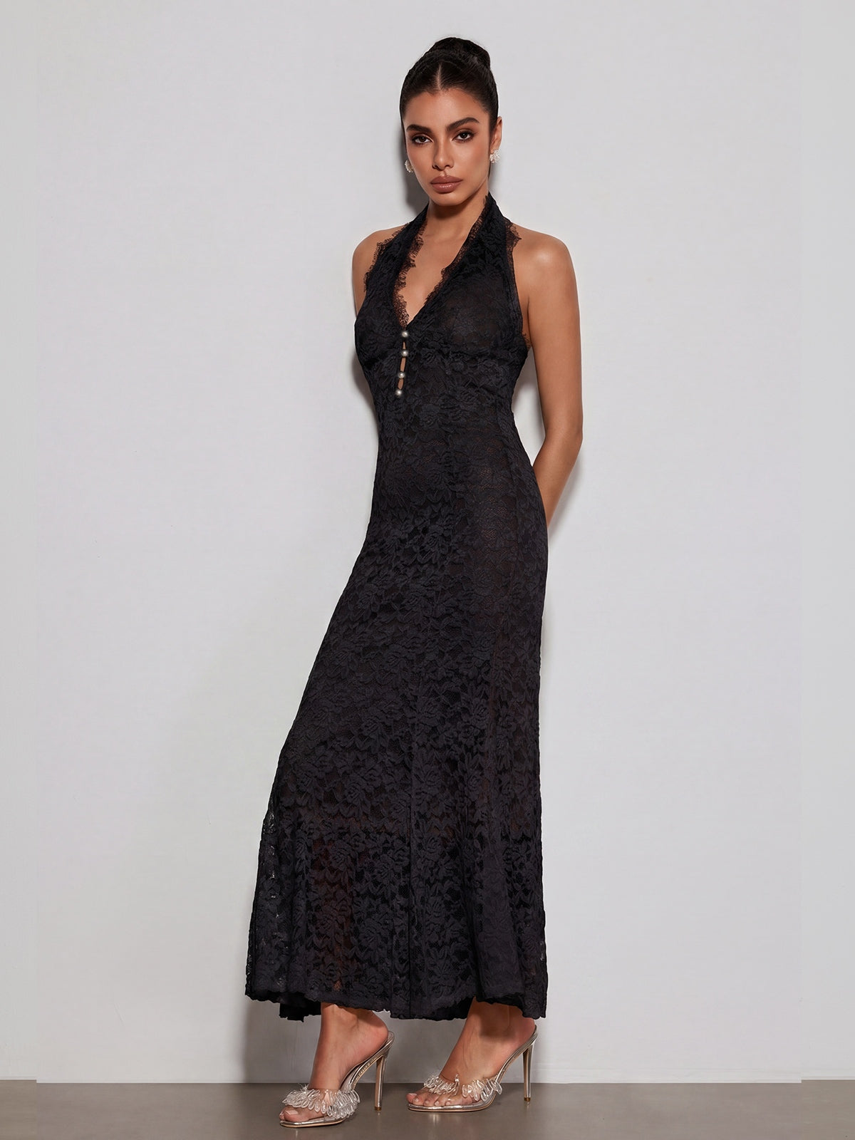 Quorveth  Halterneck Lace Maxi Dress In Black