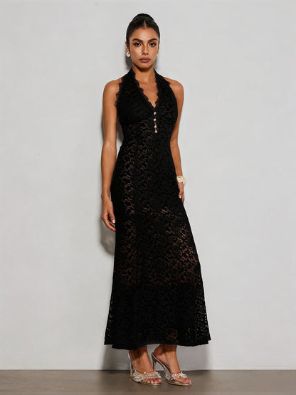 Quorveth  Halterneck Lace Maxi Dress In Black