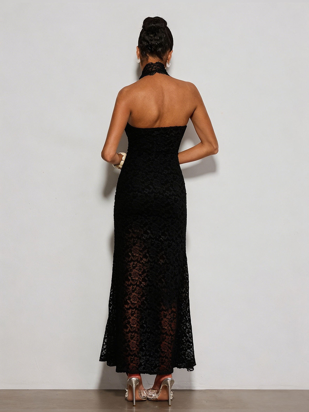 Quorveth  Halterneck Lace Maxi Dress In Black